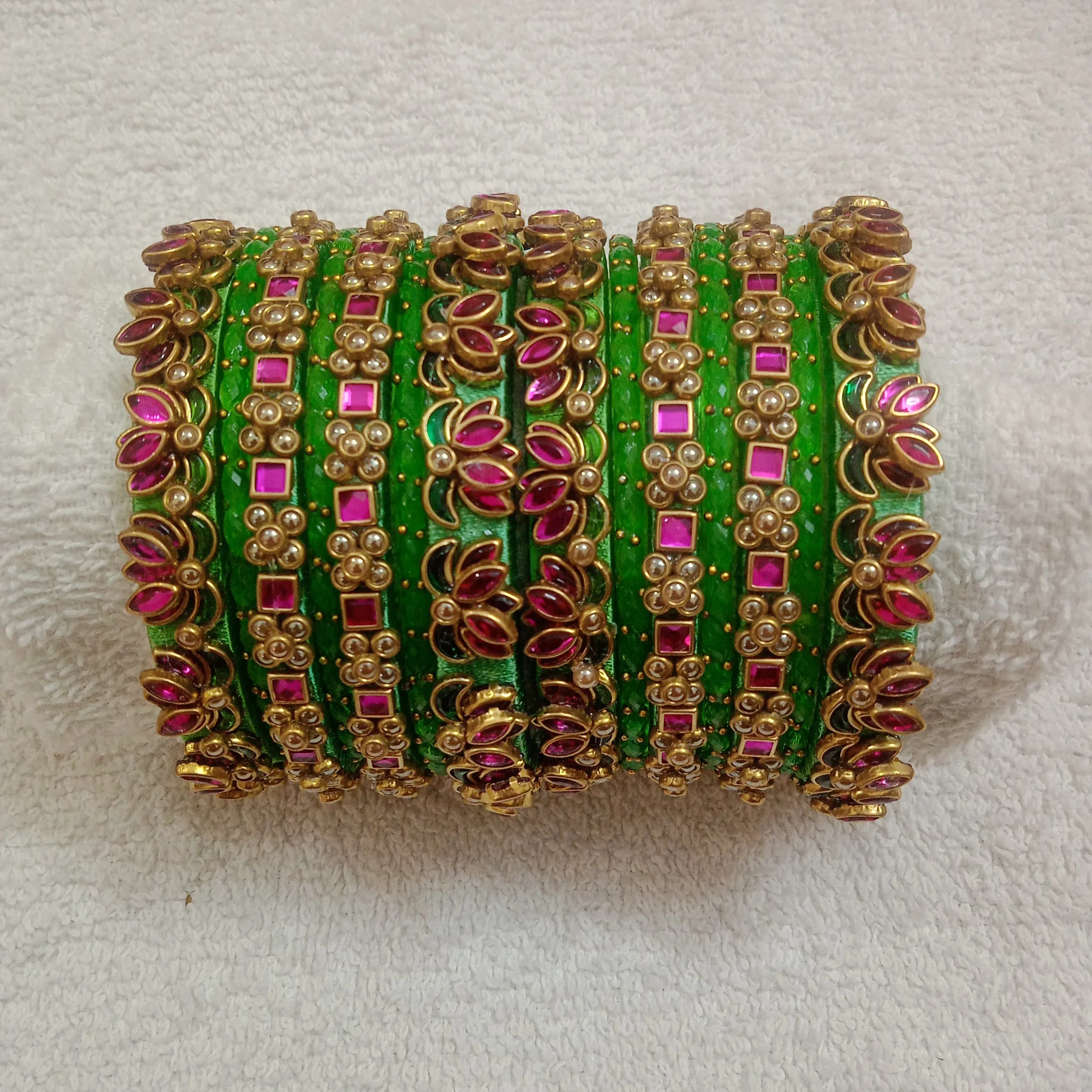 Lotus design silk thread bangles with light green and rani pink kundan Stone